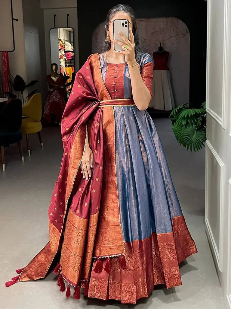 Dazzling Dusty Blue Zari Weaving Silk Sangeet Wear Gown With Belt