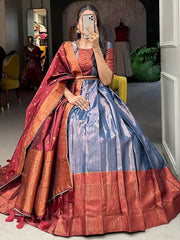 Dazzling Dusty Blue Zari Weaving Silk Sangeet Wear Gown With Belt
