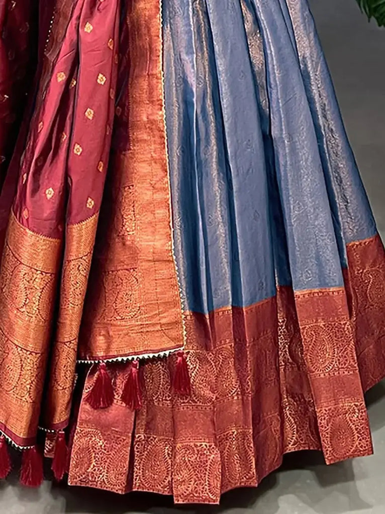 Dazzling Dusty Blue Zari Weaving Silk Sangeet Wear Gown With Belt