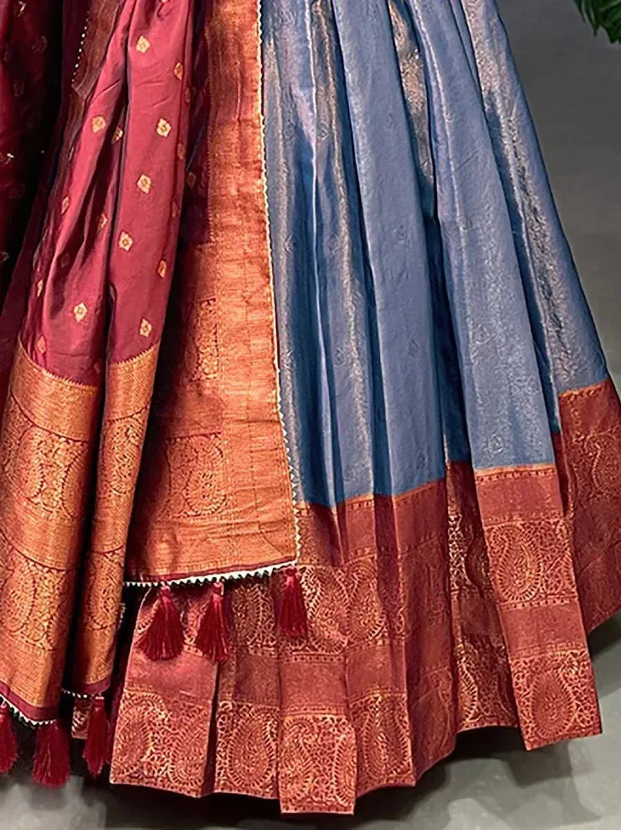 Blue and maroon silk lehenga with gold zari work and tassels, traditional Indian ethnic wear