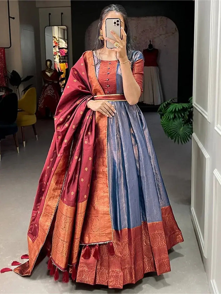 Dazzling Dusty Blue Zari Weaving Silk Sangeet Wear Gown With Belt