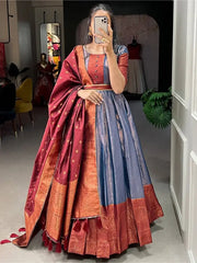 Dazzling Dusty Blue Zari Weaving Silk Sangeet Wear Gown With Belt