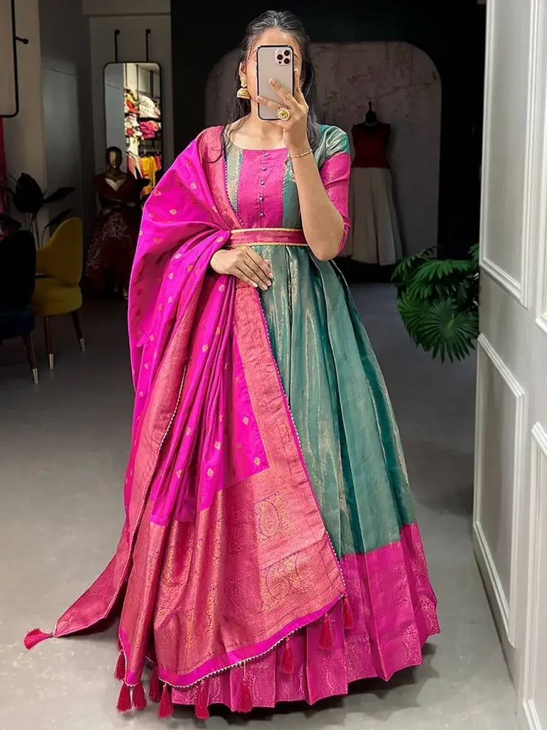 Attractive Teal Green Zari Weaving Silk Wedding Wear Gown With Belt