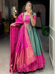 Attractive Teal Green Zari Weaving Silk Wedding Wear Gown With Belt