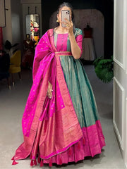 Attractive Teal Green Zari Weaving Silk Wedding Wear Gown With Belt