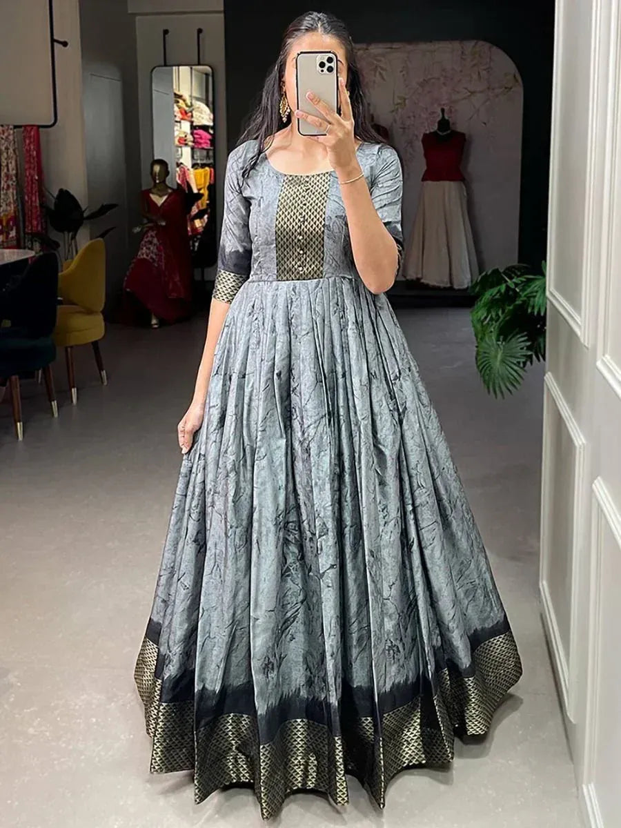Grey printed ethnic gown with gold geometric border, perfect for Indian occasions and parties