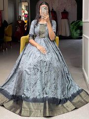 Astonishing Grey Shibori Printed Silk Ready-Made Traditional Gown
