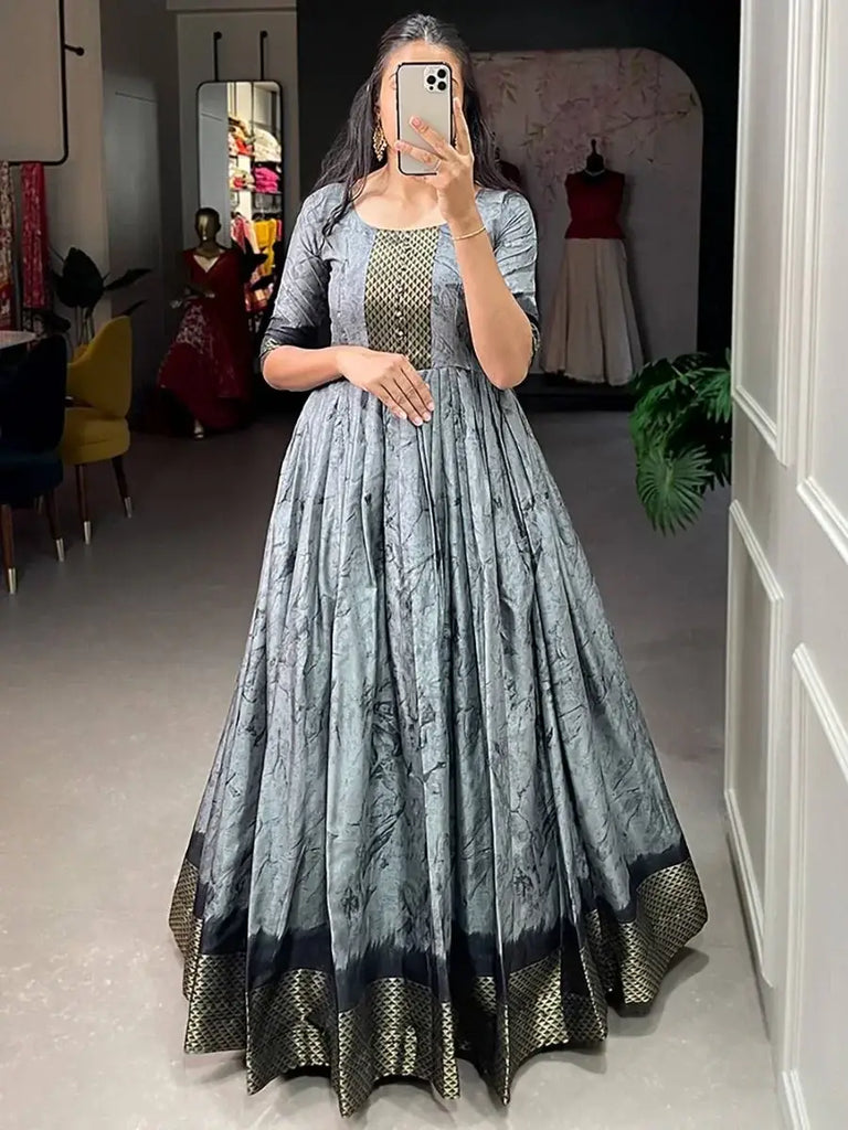 Astonishing Grey Shibori Printed Silk Ready-Made Traditional Gown