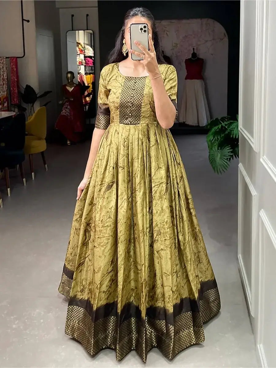 Outstanding Olive Green Shibori Printed Silk Ready To Wear Gown