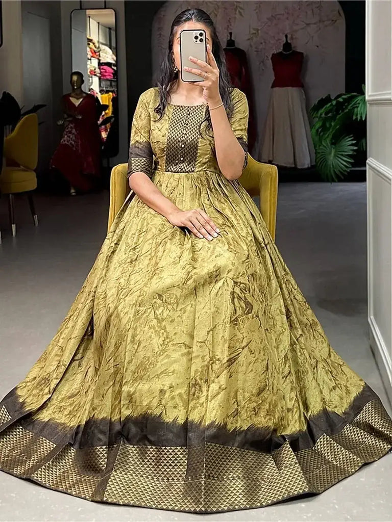 Outstanding Olive Green Shibori Printed Silk Ready To Wear Gown