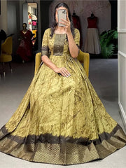 Outstanding Olive Green Shibori Printed Silk Ready To Wear Gown