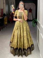 Outstanding Olive Green Shibori Printed Silk Ready To Wear Gown