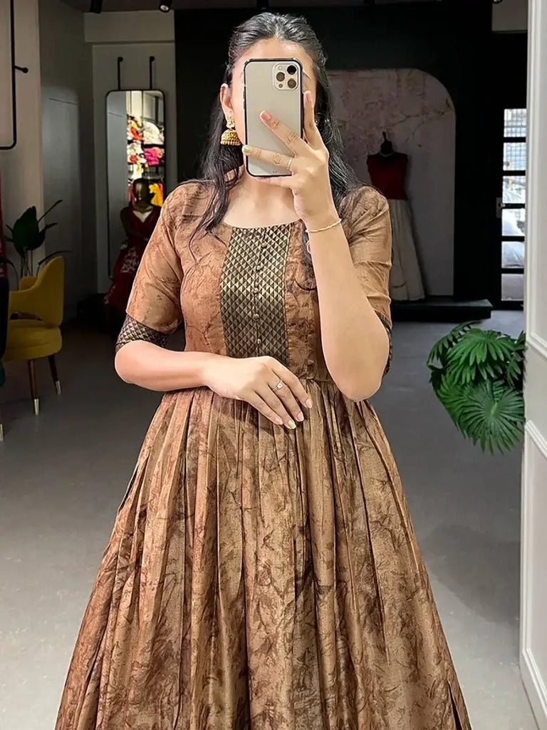 Adorable Brown Shibori Printed Silk Ready-Made Festive Wear Gown