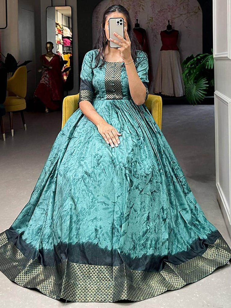 Impressive Sea Blue Shibori Printed Silk Ready-Made Festive Wear Gown