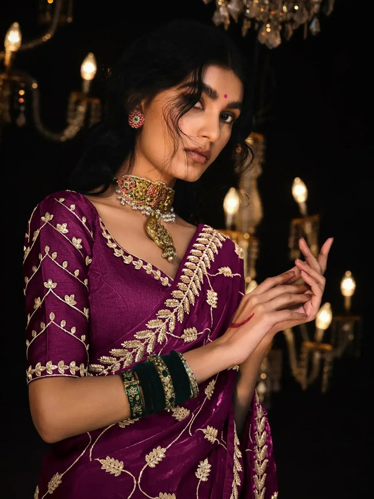 Beautiful Wine Embroidered Tissue Silk Function Wear Saree With Blouse