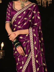Beautiful Wine Embroidered Tissue Silk Function Wear Saree With Blouse