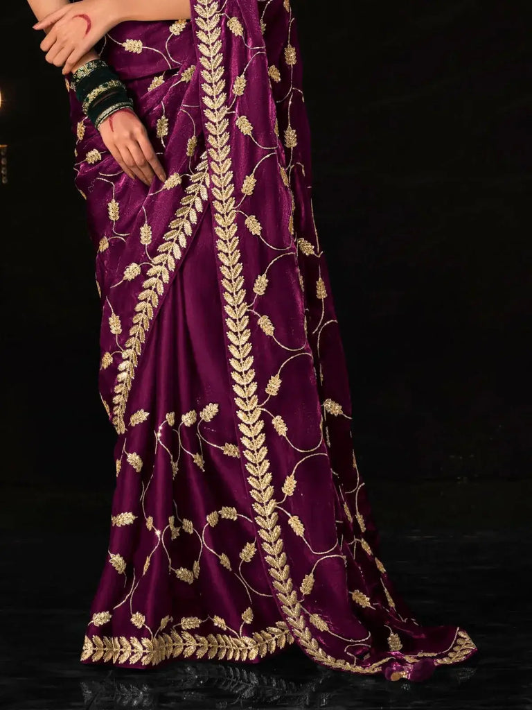 Beautiful Wine Embroidered Tissue Silk Function Wear Saree With Blouse