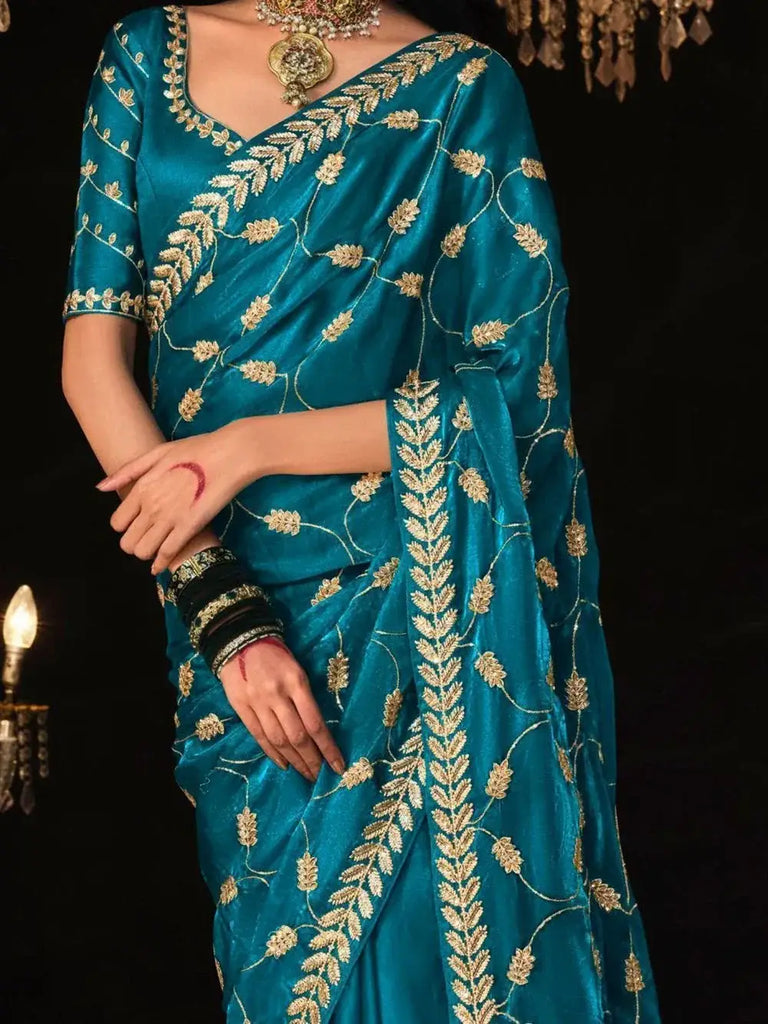 Gorgeous Sky-Blue Embroidered Tissue Silk Traditional Saree With Blouse