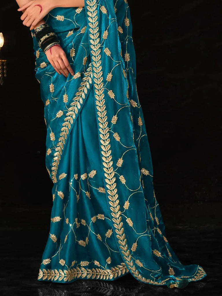 Gorgeous Sky-Blue Embroidered Tissue Silk Traditional Saree With Blouse