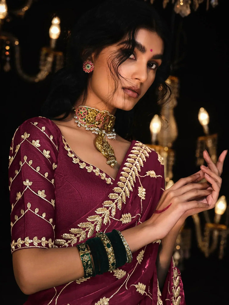 Enchanting Purple Embroidered Tissue Silk Wedding Saree With Blouse