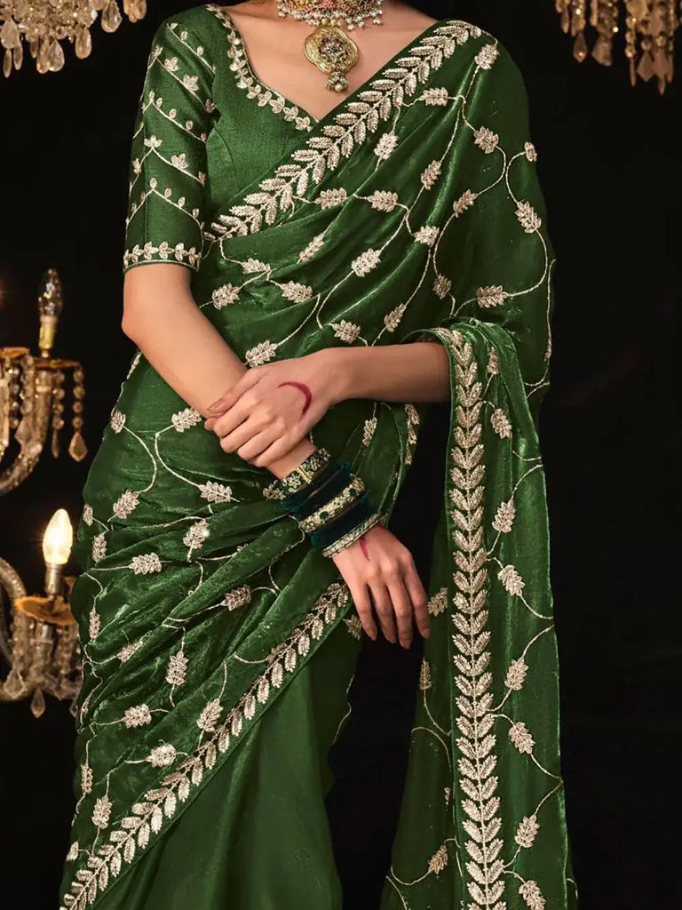 Alluring Green Embroidered Tissue Silk Mehendi Wear Saree With Blouse