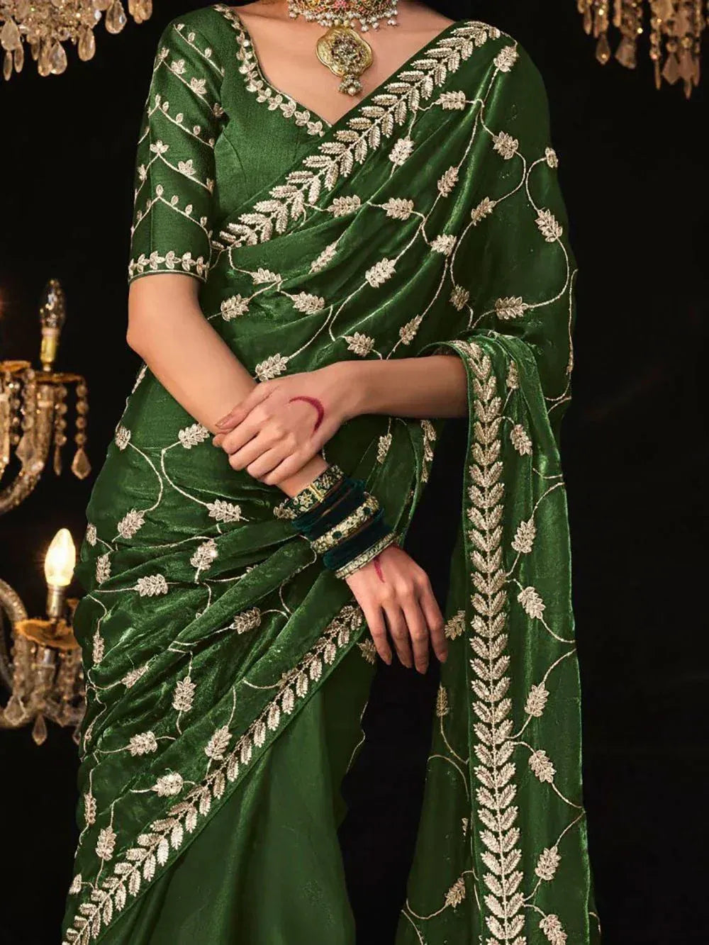 Alluring Green Embroidered Tissue Silk Mehendi Wear Saree With Blouse