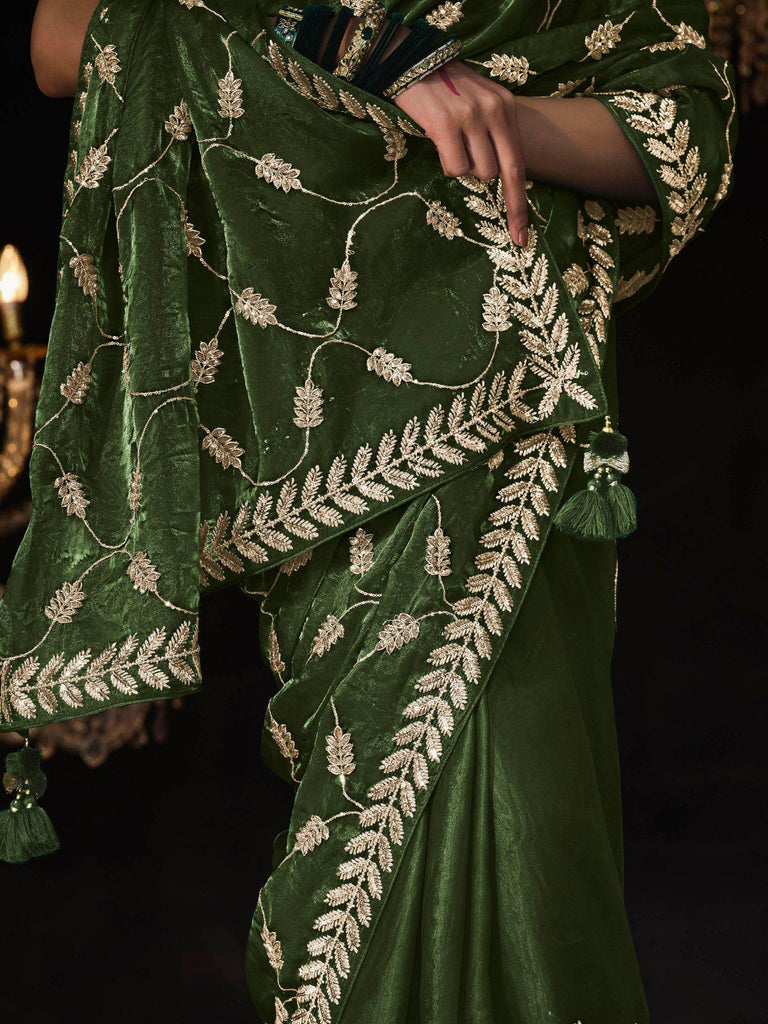 Alluring Green Embroidered Tissue Silk Mehendi Wear Saree With Blouse