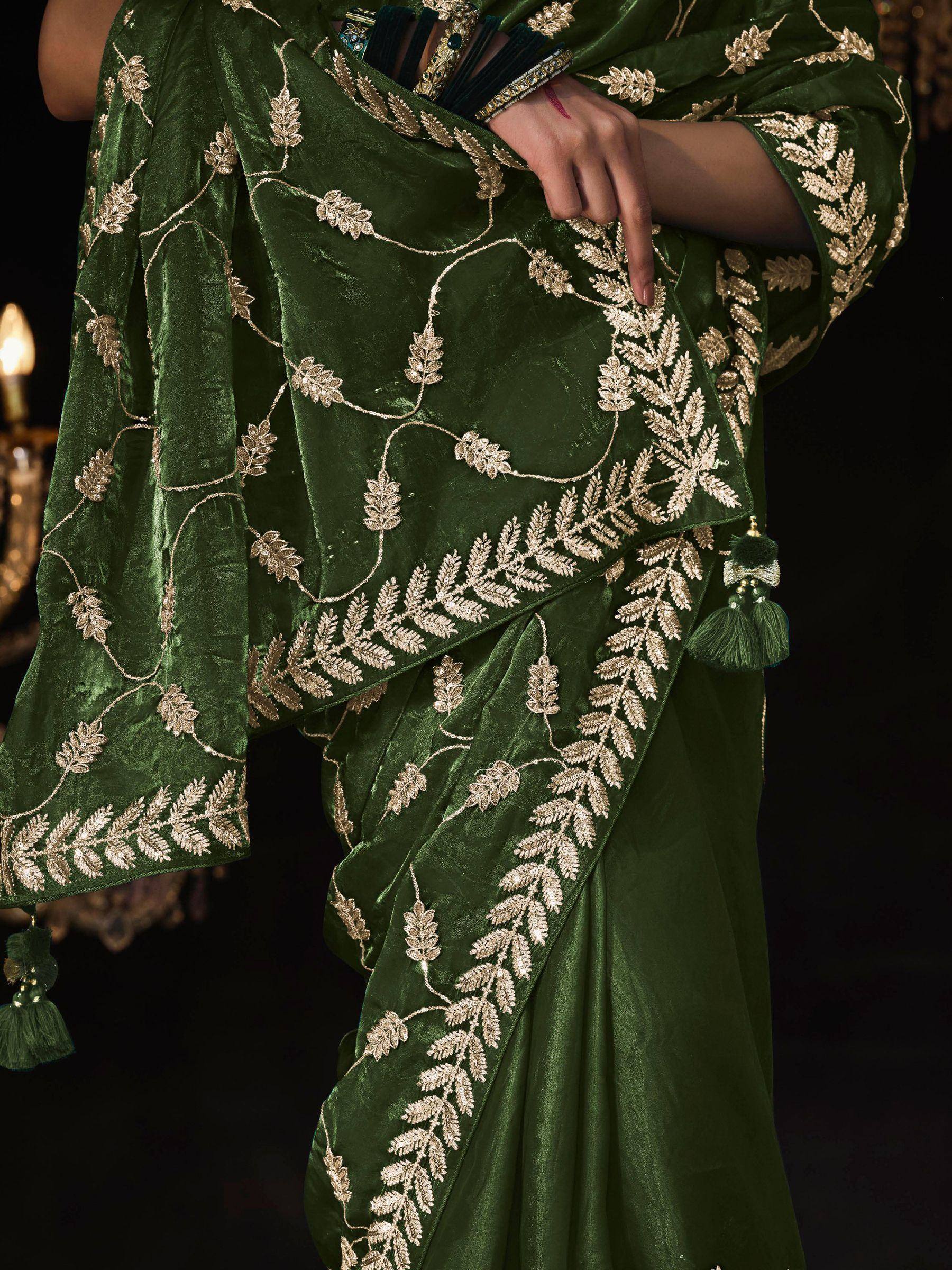 Alluring Green Embroidered Tissue Silk Mehendi Wear Saree With Blouse