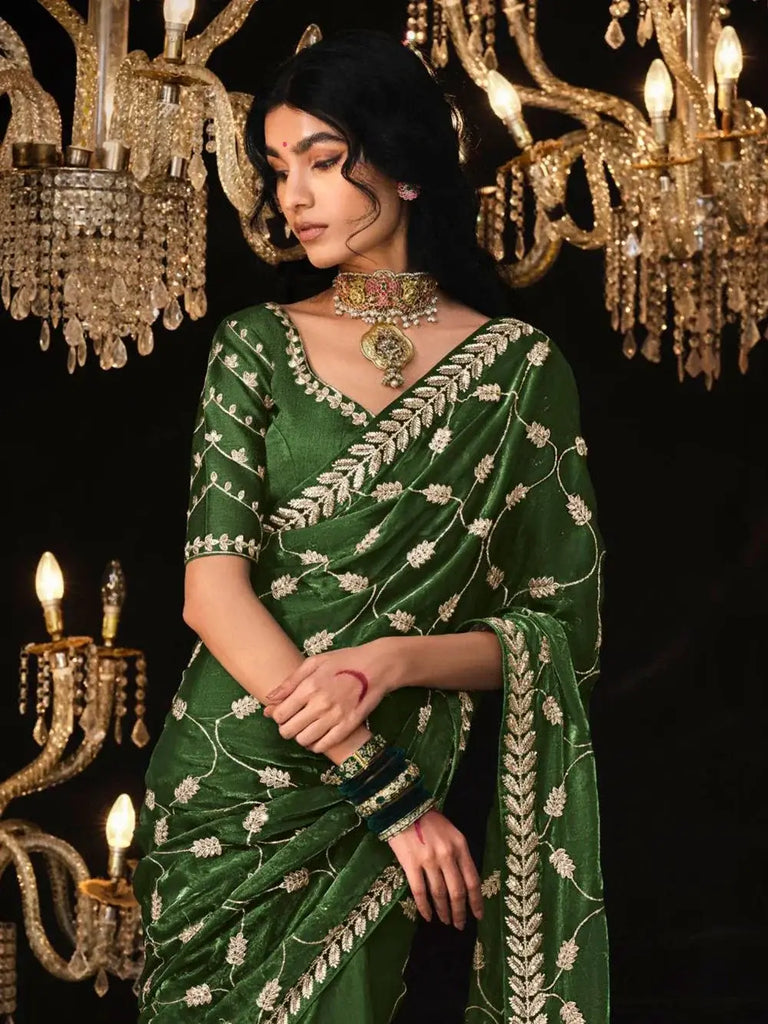 Alluring Green Embroidered Tissue Silk Mehendi Wear Saree With Blouse