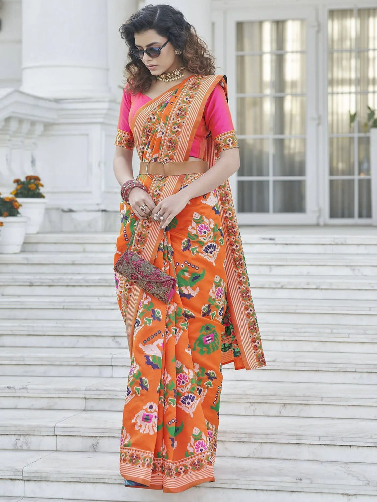 Seductive Orange Weaving Patola Silk Wedding Wear Saree