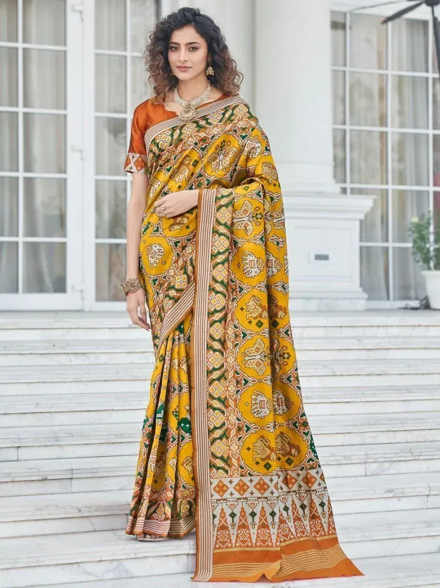 Yellow and green printed saree with orange blouse, ethnic Indian wear for women