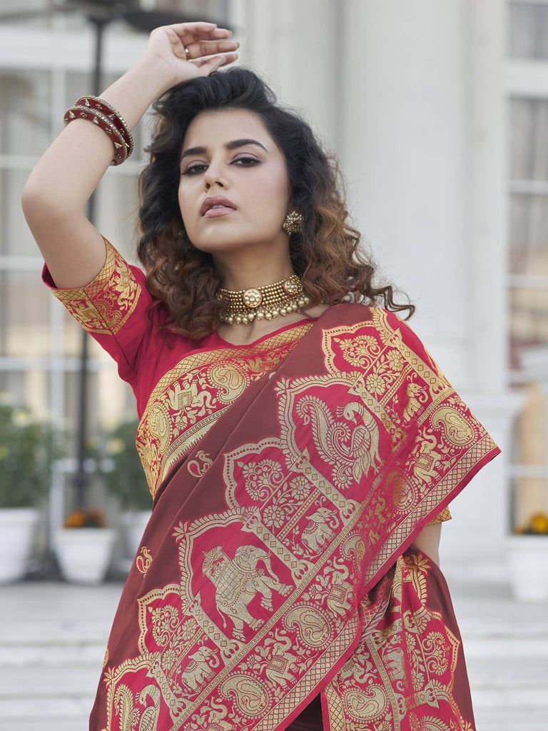 Imposing Brown Zari Weaving Banarasi Silk Wedding Wear Saree