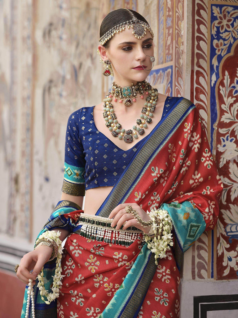Ravishing Red Color Printed Silk Festival Wear Saree With Blouse