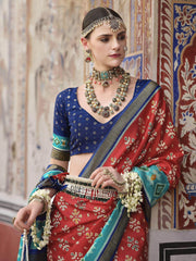Ravishing Red Color Printed Silk Festival Wear Saree With Blouse