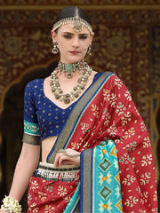 Ravishing Red Color Printed Silk Festival Wear Saree With Blouse