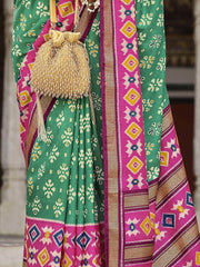 Astounding Teal Green Printed Silk Festival Wear Saree With Blouse
