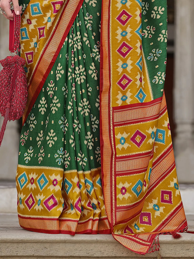 Amazing Green Color Printed Silk Traditional Saree With Blouse