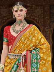 Outstanding Yellow Printed Silk Haldi Wear Saree With Blouse
