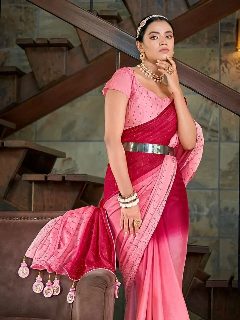 Adoring Pink Swaroski Work Silk Party Wear Saree With Blouse