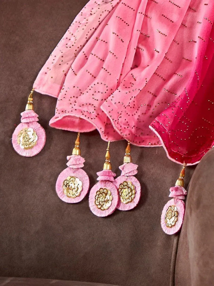 Pink embroidered dupatta with gold floral tassels, perfect for Indian ethnic wear