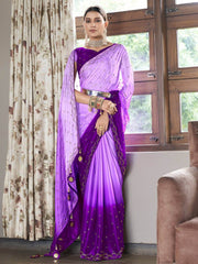 Delicate Purple Silk Swarovski Work Party Wear Saree With Blouse