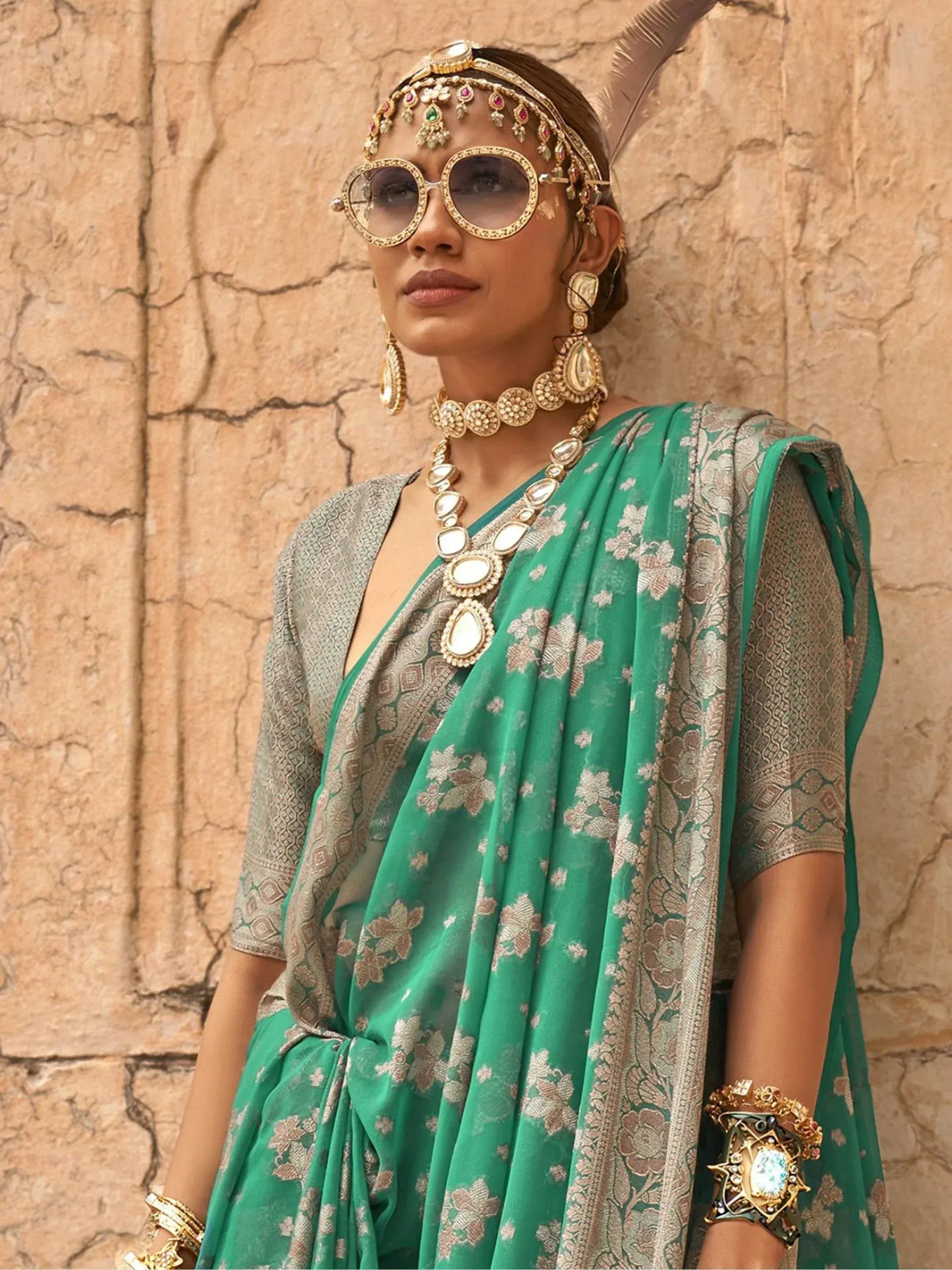 Green floral saree with gold jewelry, ethnic Indian wear for festive occasions