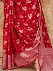 Stunning Red Zari Weaving Georgette Festival Wear Saree With Blouse
