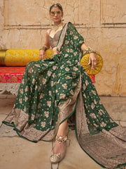 Shocking Green Zari Weaving Georgette Mehendi Wear Saree With Blouse