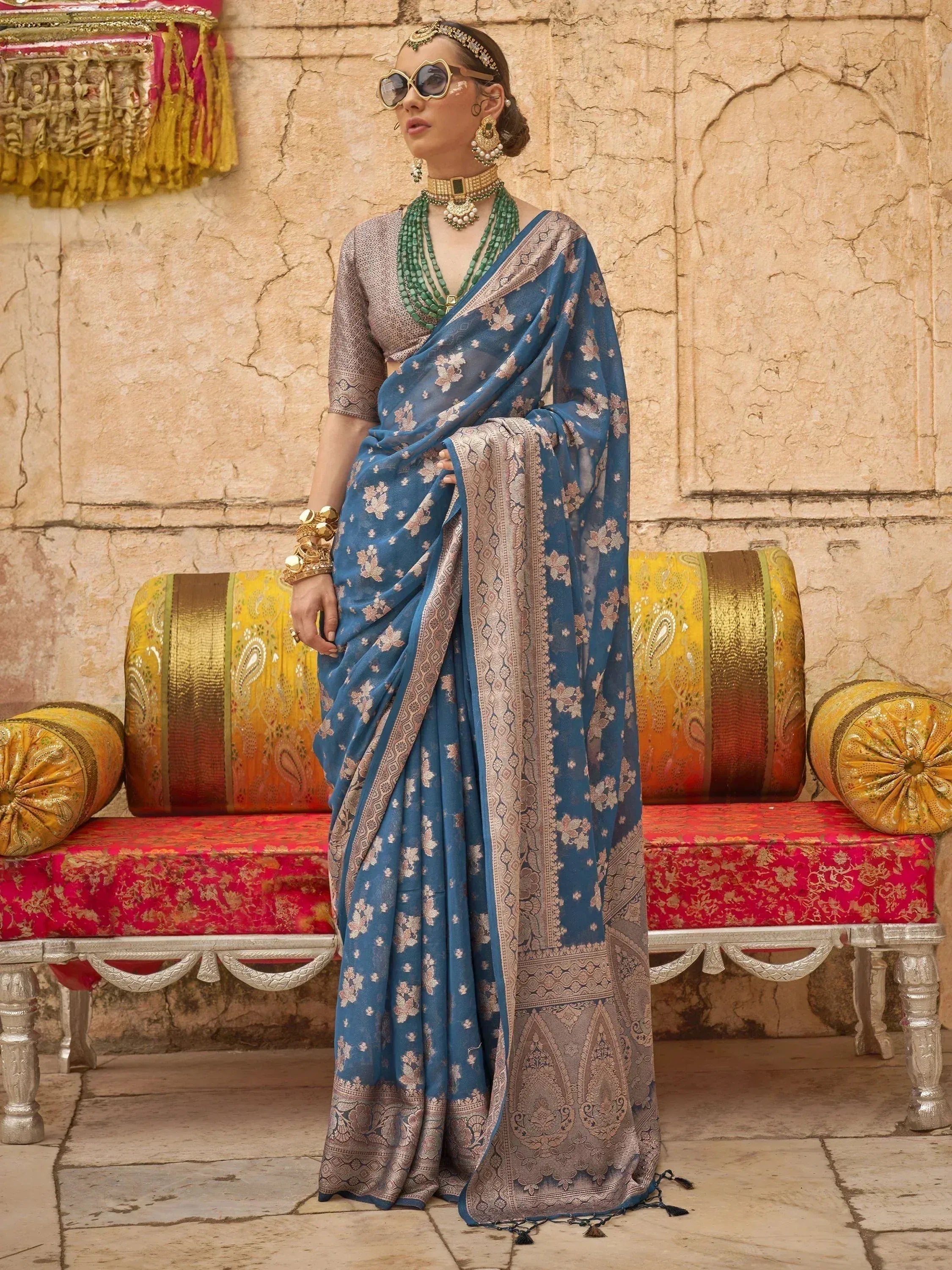 Blue floral saree with gold border, ethnic Indian wear, designer saree with traditional jewelry