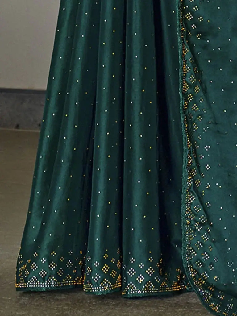 Dazzling Teal Green Swaroski Diamond Silk Party Wear Saree