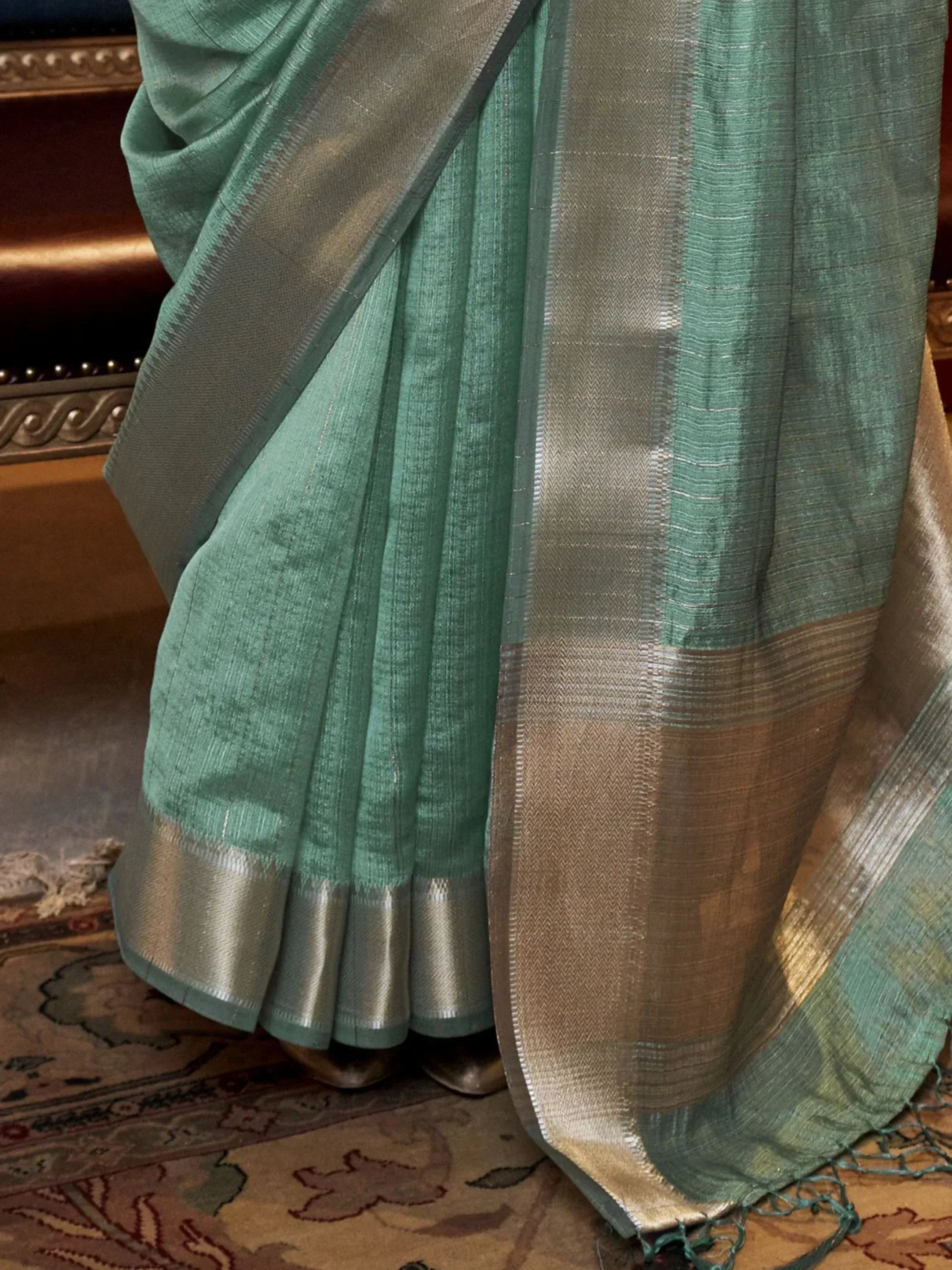 Mint green saree with gold zari border, elegant Indian ethnic wear for women