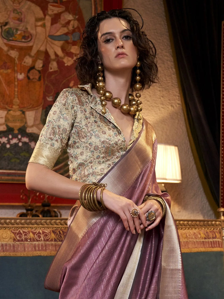 Lovely Mauve Handloom Weaving Chiffon Event Wear Saree With Blouse