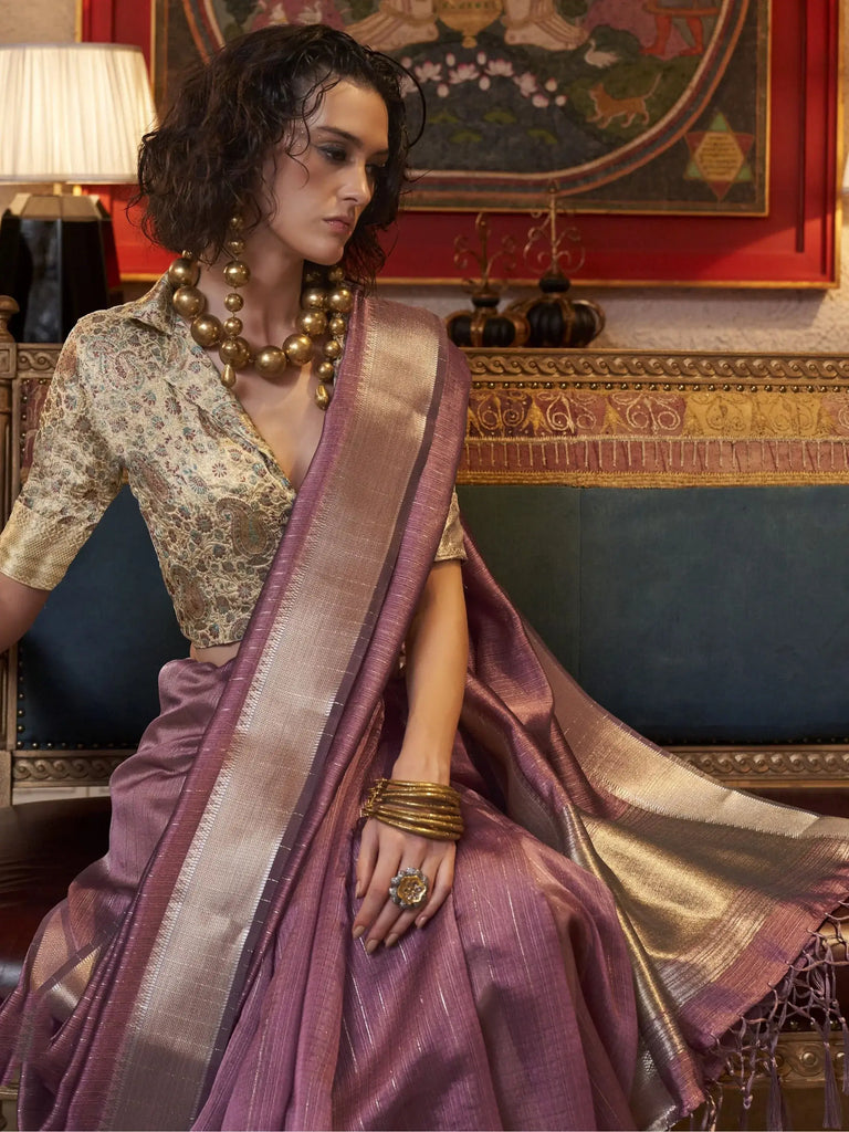 Lovely Mauve Handloom Weaving Chiffon Event Wear Saree With Blouse