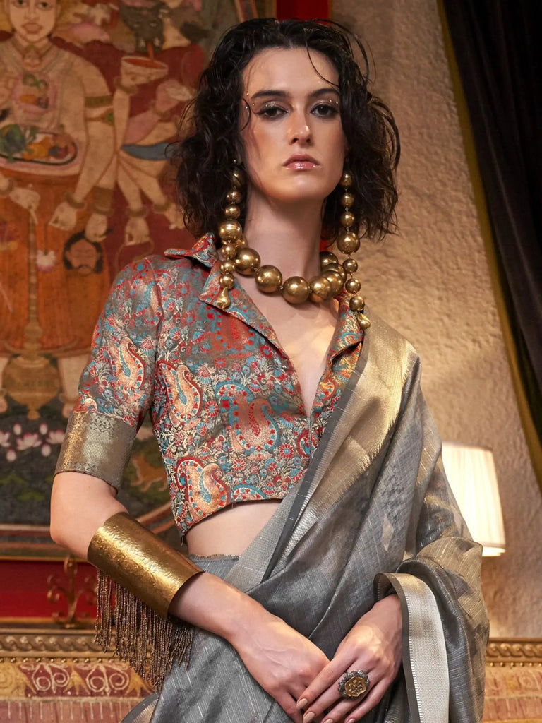 Stunning Grey Handloom Weaving Chiffon Festival Wear Saree With Blouse